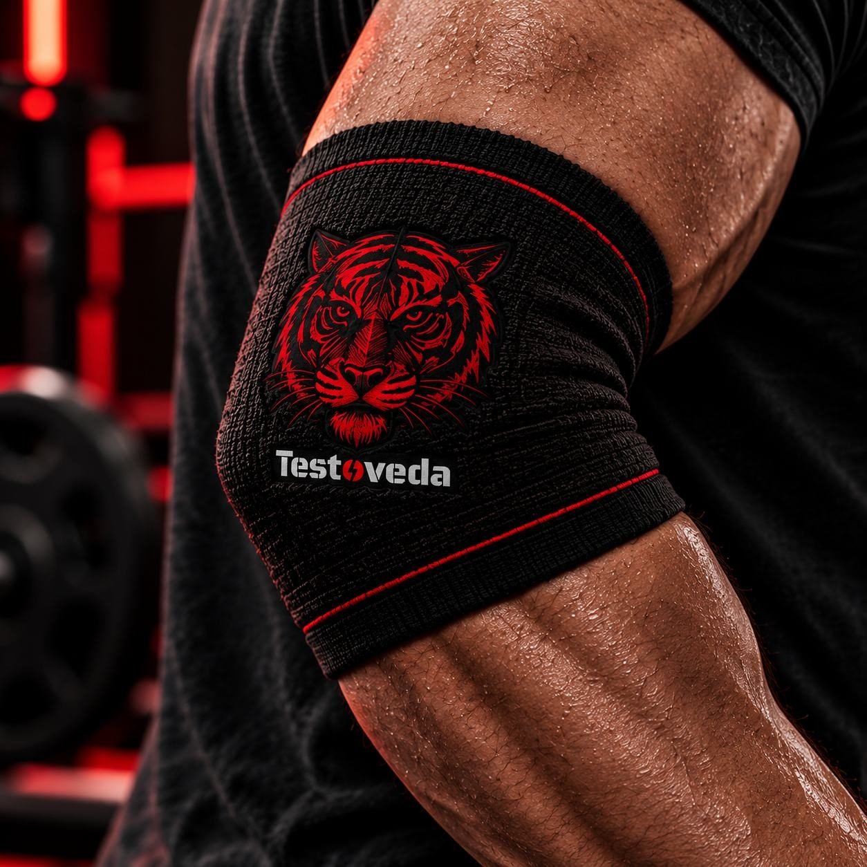 Testoveda tiger armband on a flexed arm