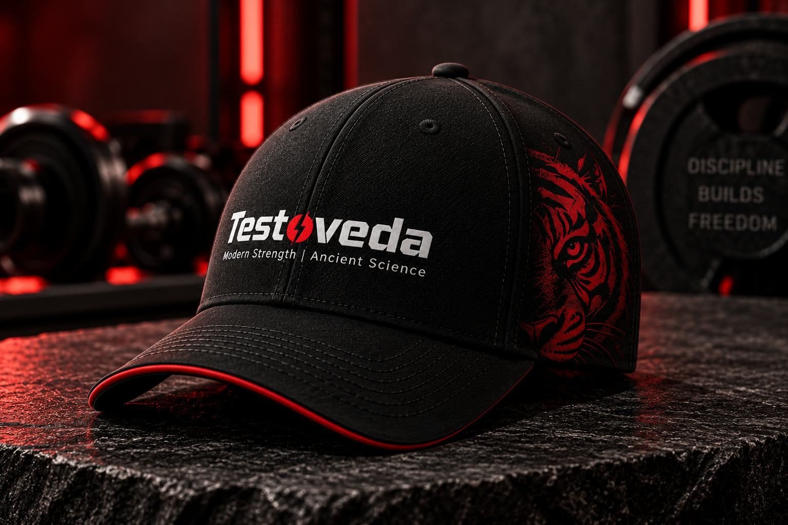 Testoveda black cap with red trim
