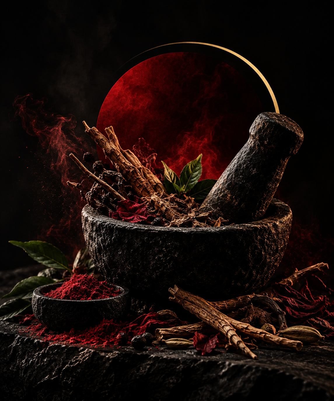 Ayurvedic roots and herbs in a stone mortar