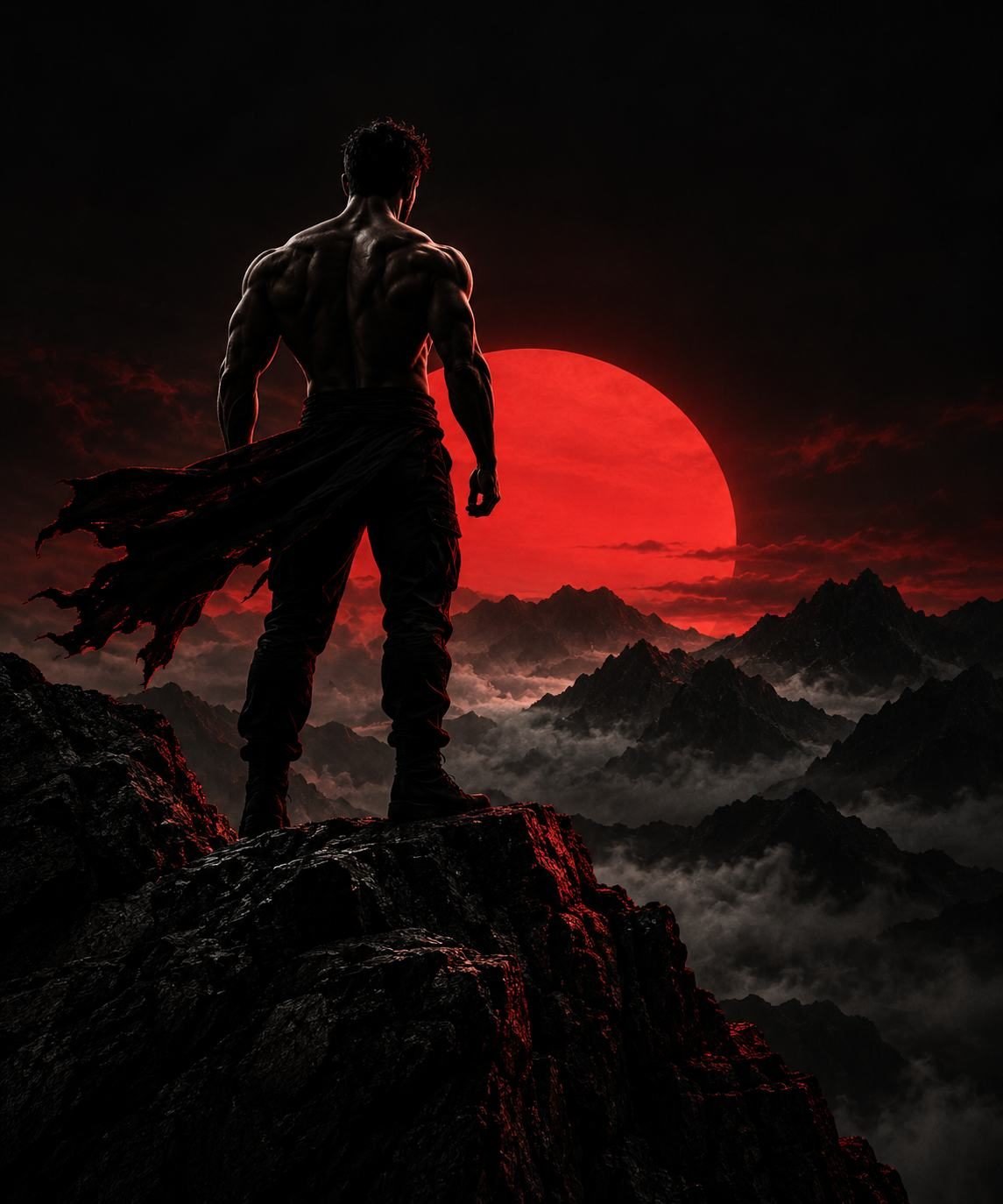 A man standing on a mountain ridge facing a red sun