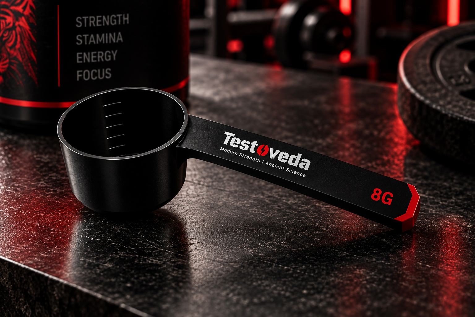 Testoveda 8 g measuring scoop on a gym bench